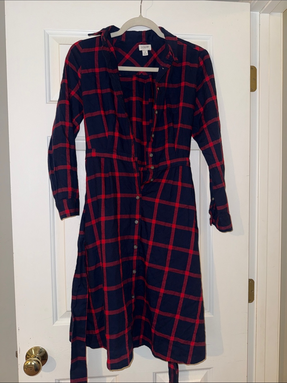J. Crew Navy and Red Plaid Long-Sleeve Tie-Waist Shirt Dress